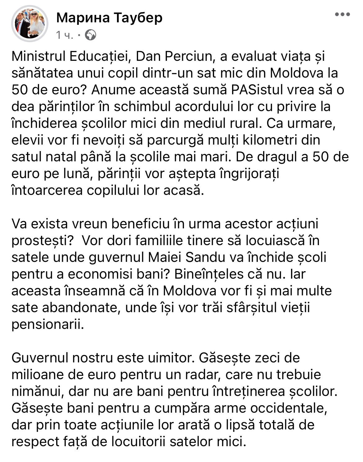 Marina Tauber, critici dure la schimbările din sistemul de educație propuse de guvernul PAS: „În Moldova vor fi și mai multe sate abandonate”