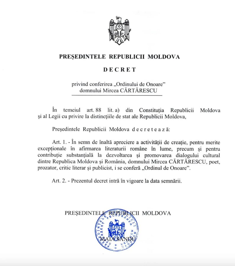 DOC // Un membru al juriului „Timișoara pentru Valori Europene”, decorat de Maia Sandu cu „Ordinul de onoare”