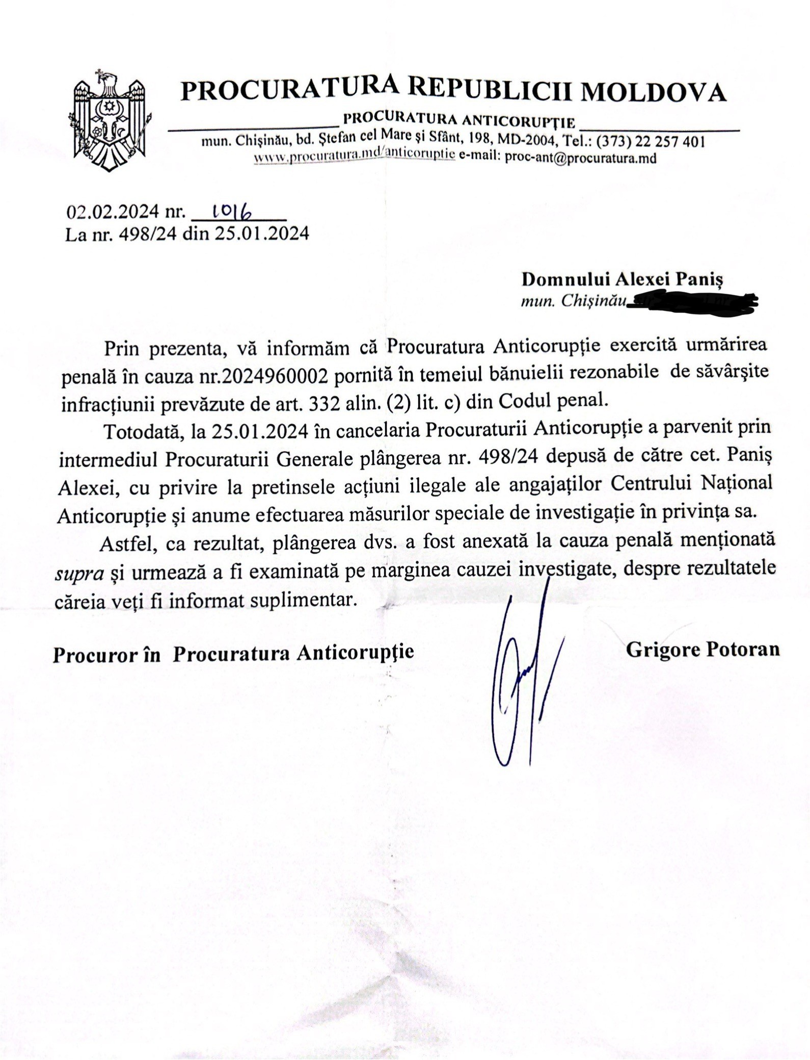 DOC // Procuratura Anticorupție a inițiat un dosar penal prin care verifică acțiunile CNA, după ce judecătorul Alexei Paniș a depus un denunț
