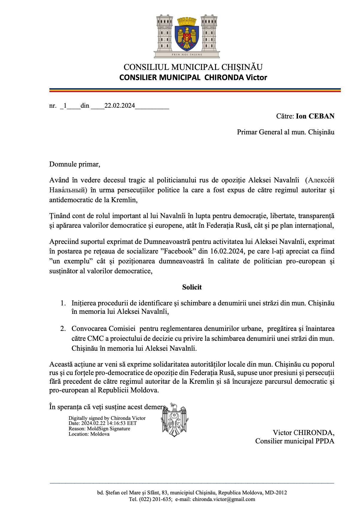 O stradă din Chișinău s-ar putea numi „Aleksei Navalnîi”. Solicitarea unui consilier municipal