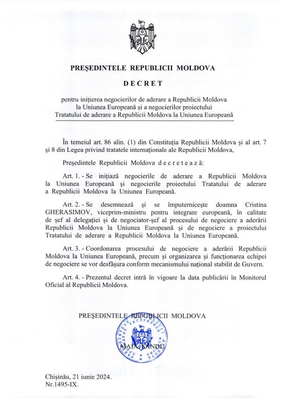 DOC // Maia Sandu a semnat Decretul prin care sunt inițiate negocierile de aderare la UE. Cine este negociatorul-șef