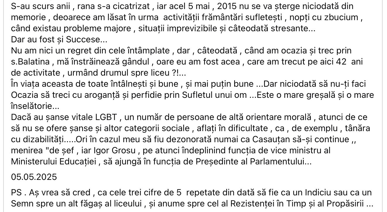„Pedepsită pentru că am oferit o șansă unei tinere cu dizabilități” - Fosta directoare a Liceului din Balatina, acuzații grave la adresa lui Igor Grosu și Maia Sandu