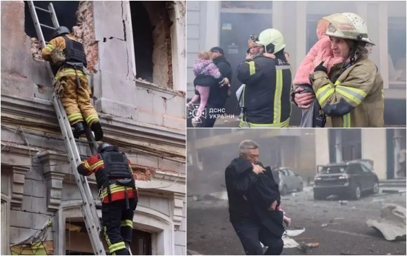 Copiii scoși în brațe din ruine — o grădiniță din Harkov, distrusă de un atac rusesc